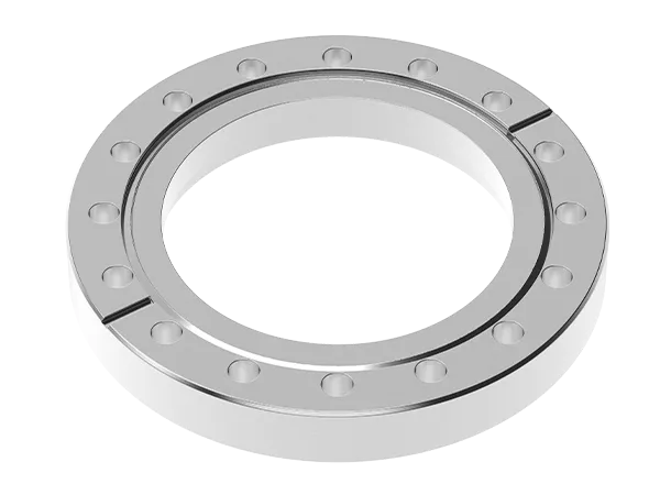 Product photo: Flat, rotatable stainless steel flange with holes in CF area for welding.