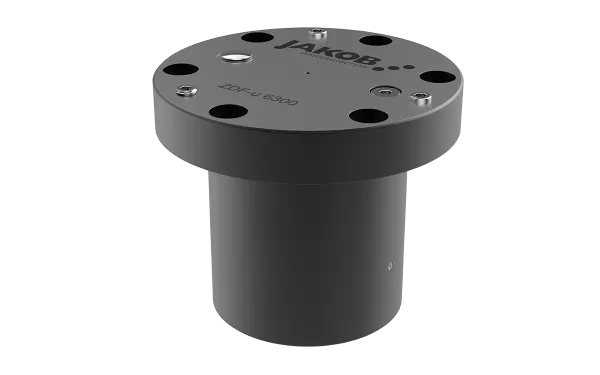 Product photo: Cylindrical spring pressure cylinder made of steel with clamping piston at the bottom.  