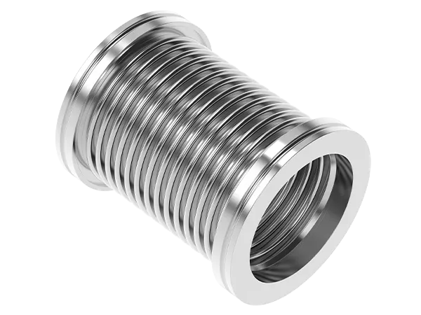 Product photo: Flexible stainless steel bellows with ISO-K flanges for vacuum lines.  