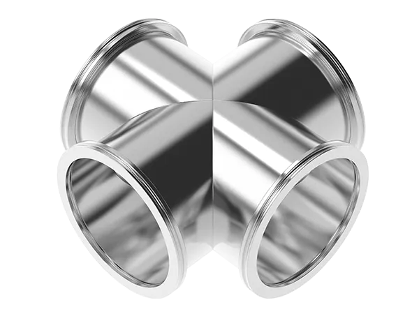 Produktfoto: Kreuzstück Edelstahl mit vier gleich großen ISO-K Flanschen. 