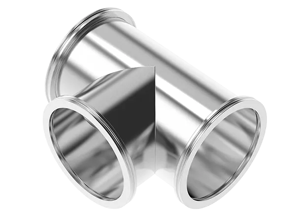 Produktfoto: Ein ISO-K T-Stück mit drei gleich großen Flanschen, zur Verteilung von Vakuumleitung. 