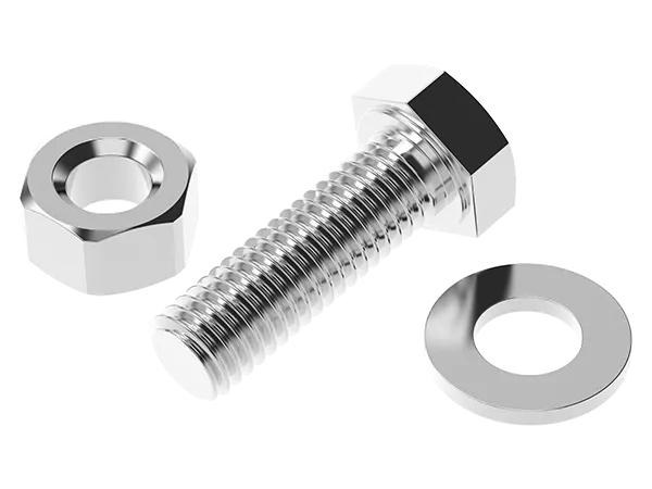 Product photo: Stainless steel screw with washer and nut for connecting CF flanges.  