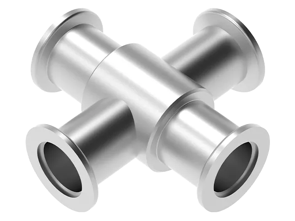 Produktfoto: Kleinflansch-Kreuzstück aus Edelstahl mit vier KF-Anschlüssen.