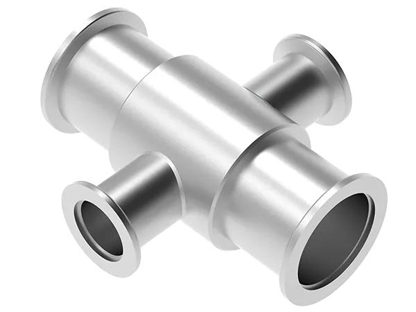 Produktfoto: KF-Kreuzstück aus Edelstahl mit zwei größeren und zwei kleineren KF-Flanschen.