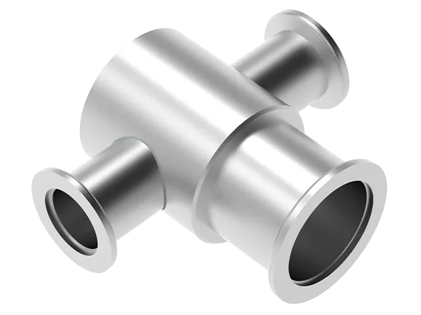 Produktfoto: Kleinflansch-T-Stück aus Edelstahl mit einem größeren Flansch und zwei kleineren Flanschen.