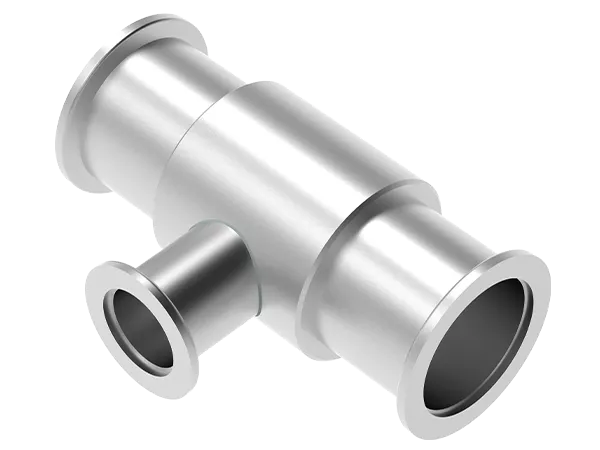 Produktfoto: Kleinflansch-T-Stück aus Edelstahl mit einem kleinen Flansch und zwei größeren Flanschen.