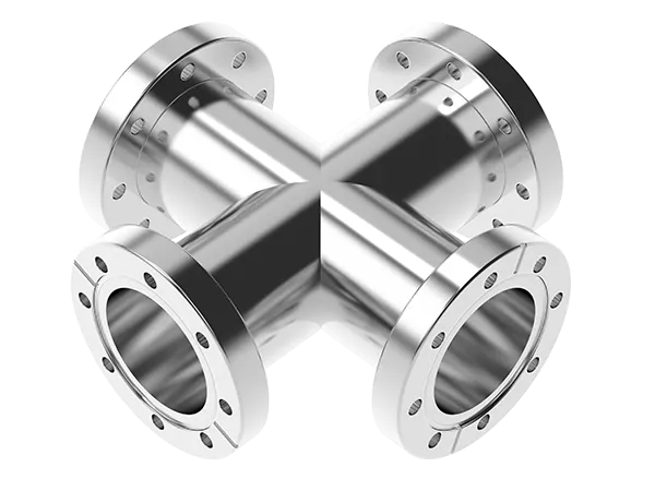 Product photo: Stainless steel cross piece with four CF flanges of the same size, for distributing vacuum lines.