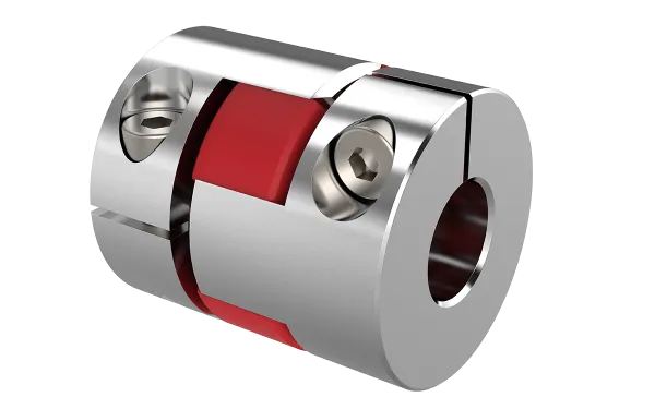 Product photo: Miniature elastomer coupling, aluminium clamping hubs on both sides with lateral screws and an elastomer spider