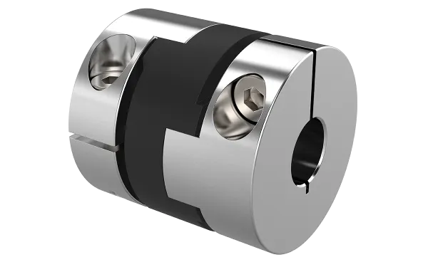 Product photo: Miniature cross slide coupling, two anodized aluminium clamping hubs with screws, one cross slide