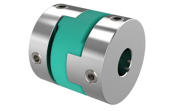 Produktfoto: Miniatur-Kreuzschieberkupplung, zwei eloxierte Aluminium-Naben mit radialen Gewindenstiften, ein Kreuzschieber