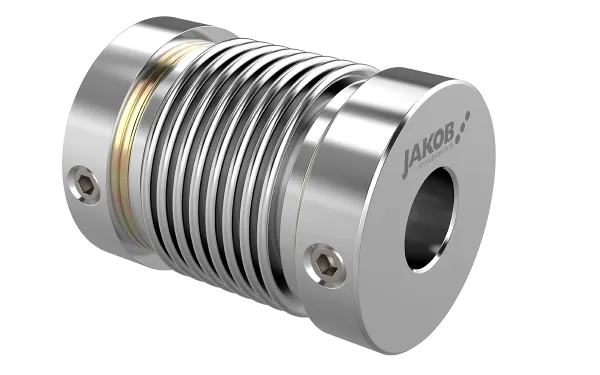 Product photo: Miniature metal bellows coupling, aluminium hubs with radial threaded pins on both sides, metal bellows made of stainless steel
