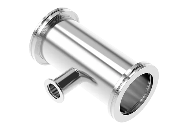 Produktfoto: Ein T-Stück mit zwei großen ISO-K Flanschen und einem Kleinflansch. 