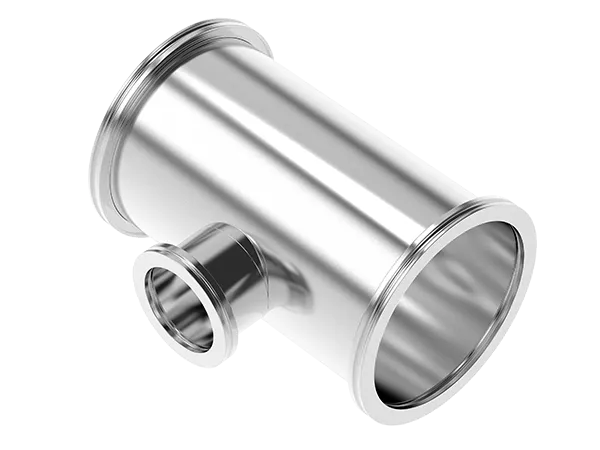 Produktfoto: Ein T-Stück mit zwei großen und einem kleineren ISO-K Flansch. 