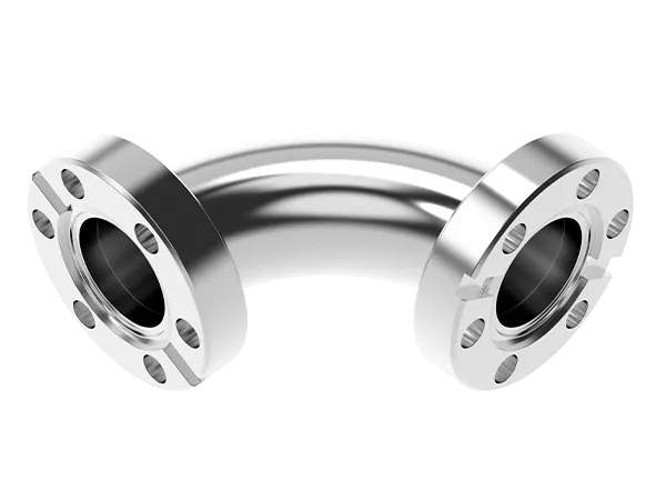 Product photo: A 90° stainless steel pipe bend with CF flanges on both sides.
