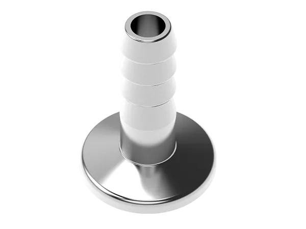 Product photo: Stainless steel adapter with small flange and hose shaft for attaching a hose.