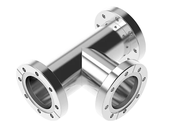 Product photo: A stainless steel T-piece with three CF flanges of the same size for distributing vacuum lines.