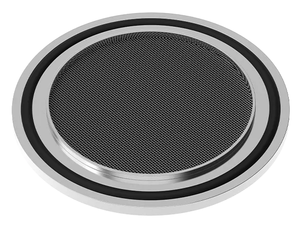 Produktfoto: ISO-K Vakuum-FIlter mit FIltervlies, montiert mit Zentrierring, O-RIng und Außenring.