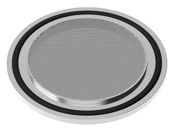 Produktfoto: ISO-K Vakuum-FIlter mit Drahtgewebe, montiert mit Zentrierring, O-RIng und Außenring.