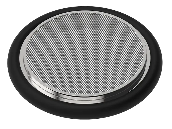 Produktfoto: Vakuum-Filter mit Siebeinsatz, montiert in einem Kleinflansch-Zentrierring mit O-Ring
