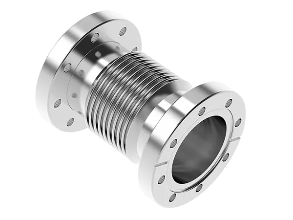 Product photo: Flexible stainless steel bellows with CF flanges for vacuum lines.  
